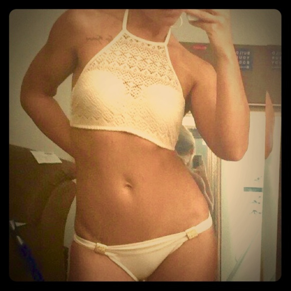 Beige Two Piece Net Top Gold Detail Bathing Suit